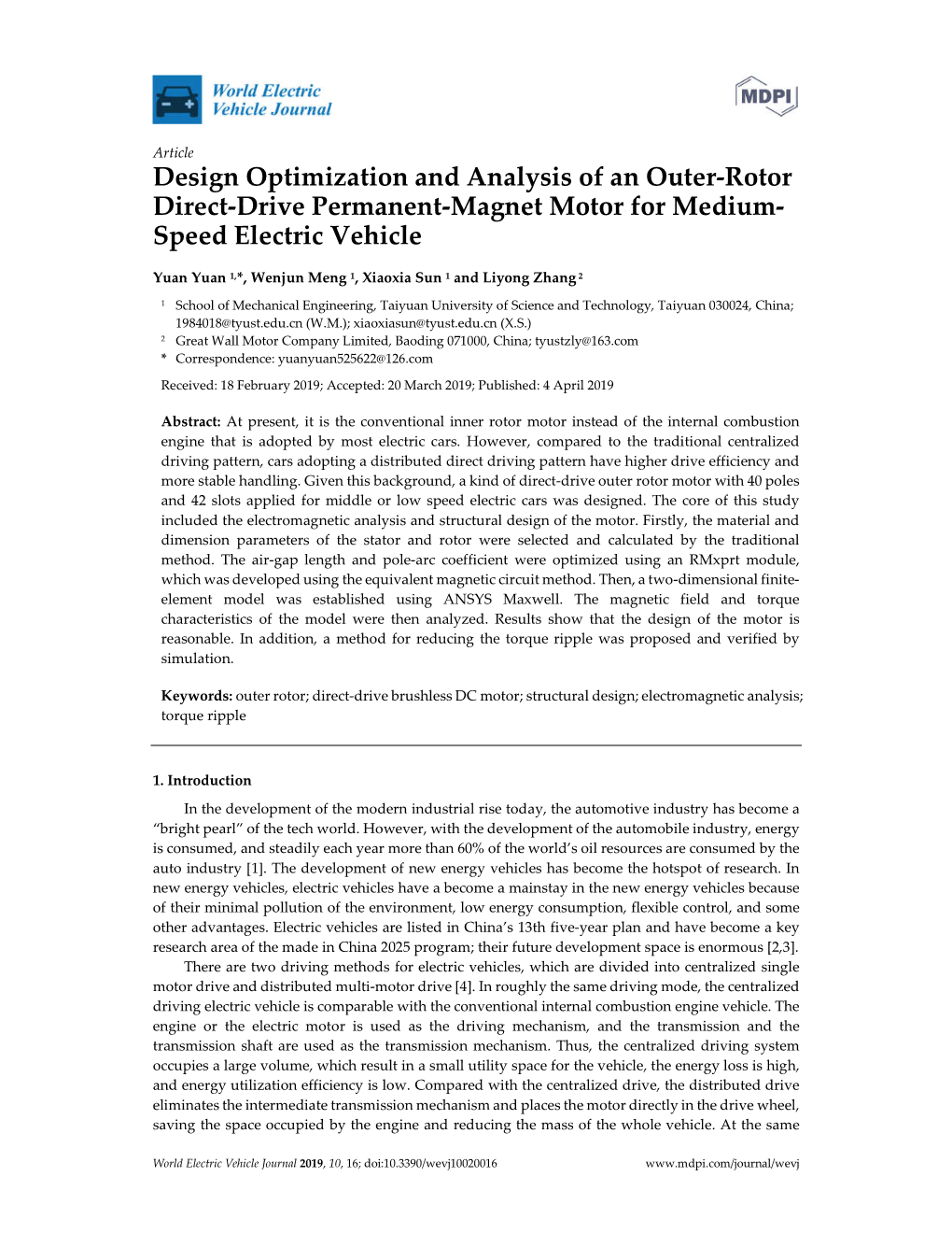 Design Optimization and Analysis of an Outer-Rotor Direct-Drive Permanent-Magnet Motor for Medium- Speed Electric Vehicle
