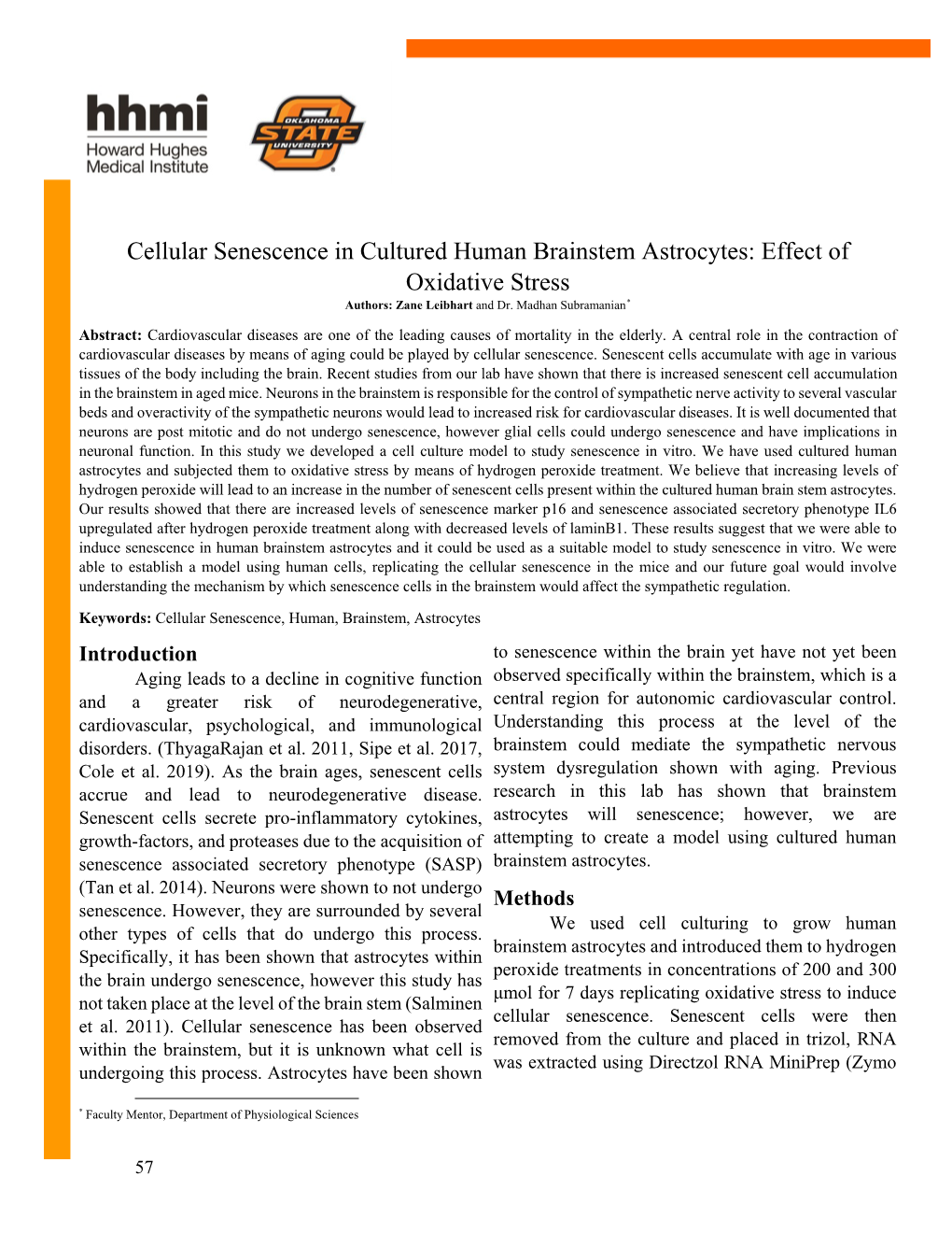 Cellular Senescence in Cultured Human Brainstem Astrocytes: Effect of Oxidative Stress Authors: Zane Leibhart and Dr