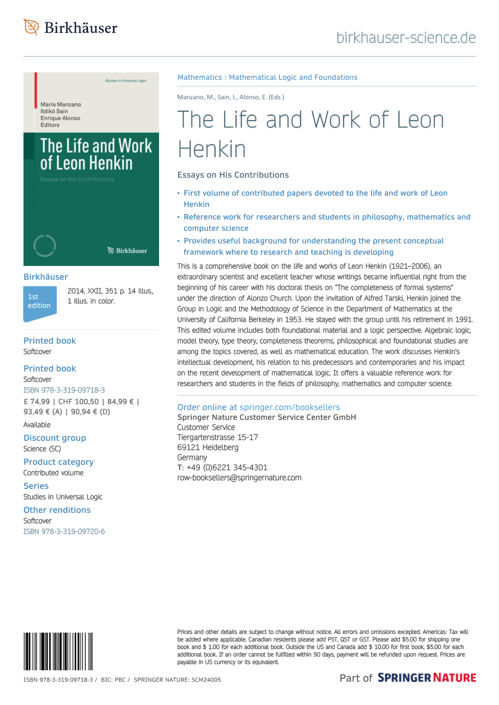 The Life and Work of Leon Henkin Essays on His Contributions