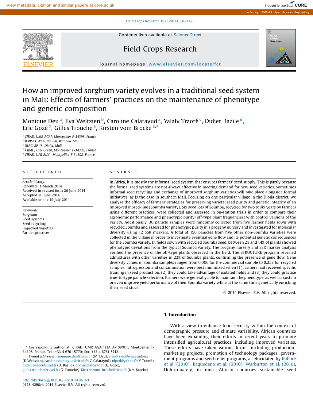 How an Improved Sorghum Variety Evolves in a Traditional Seed System in Mali: Effects of Farmers’ Practices on the Maintenance of Phenotype and Genetic Composition