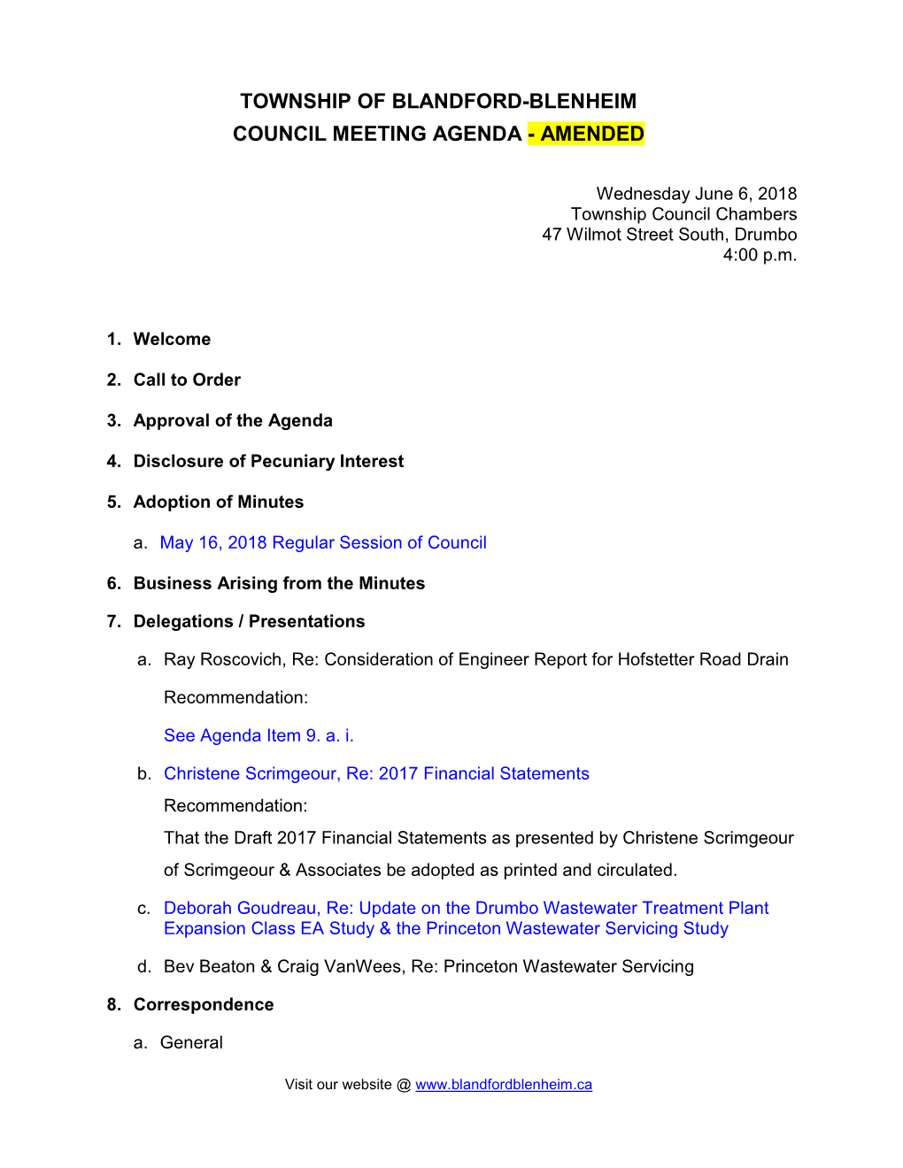 Township of Blandford-Blenheim Council Meeting Agenda - Amended