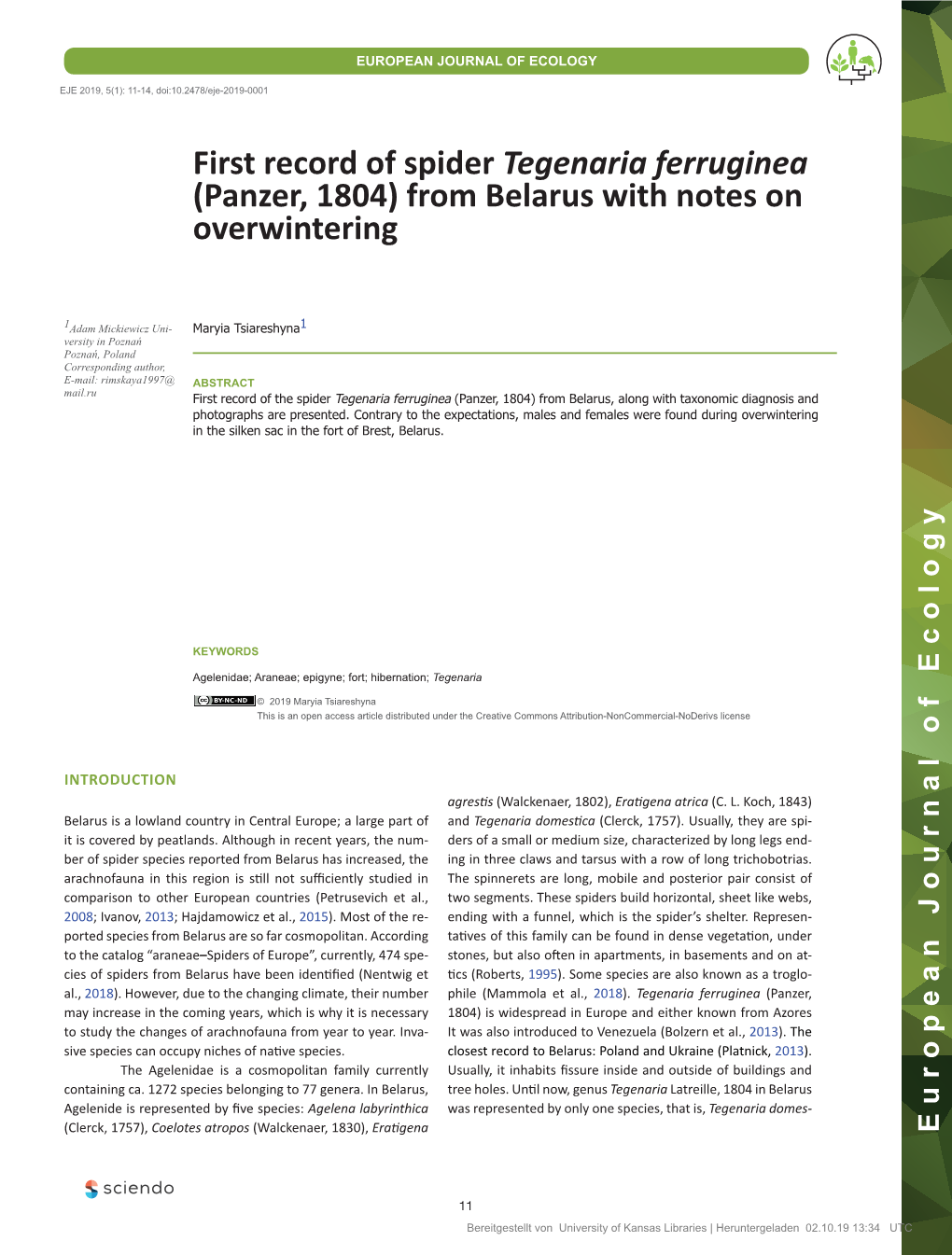 First Record of Spider Tegenaria Ferruginea (Panzer, 1804) from Belarus with Notes on Overwintering