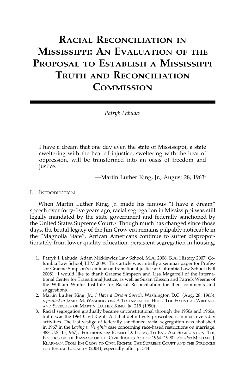 Racial Reconciliation in Mississippi: an Evaluation of the Proposal to Establish a Mississippi Truth and Reconciliation Commission