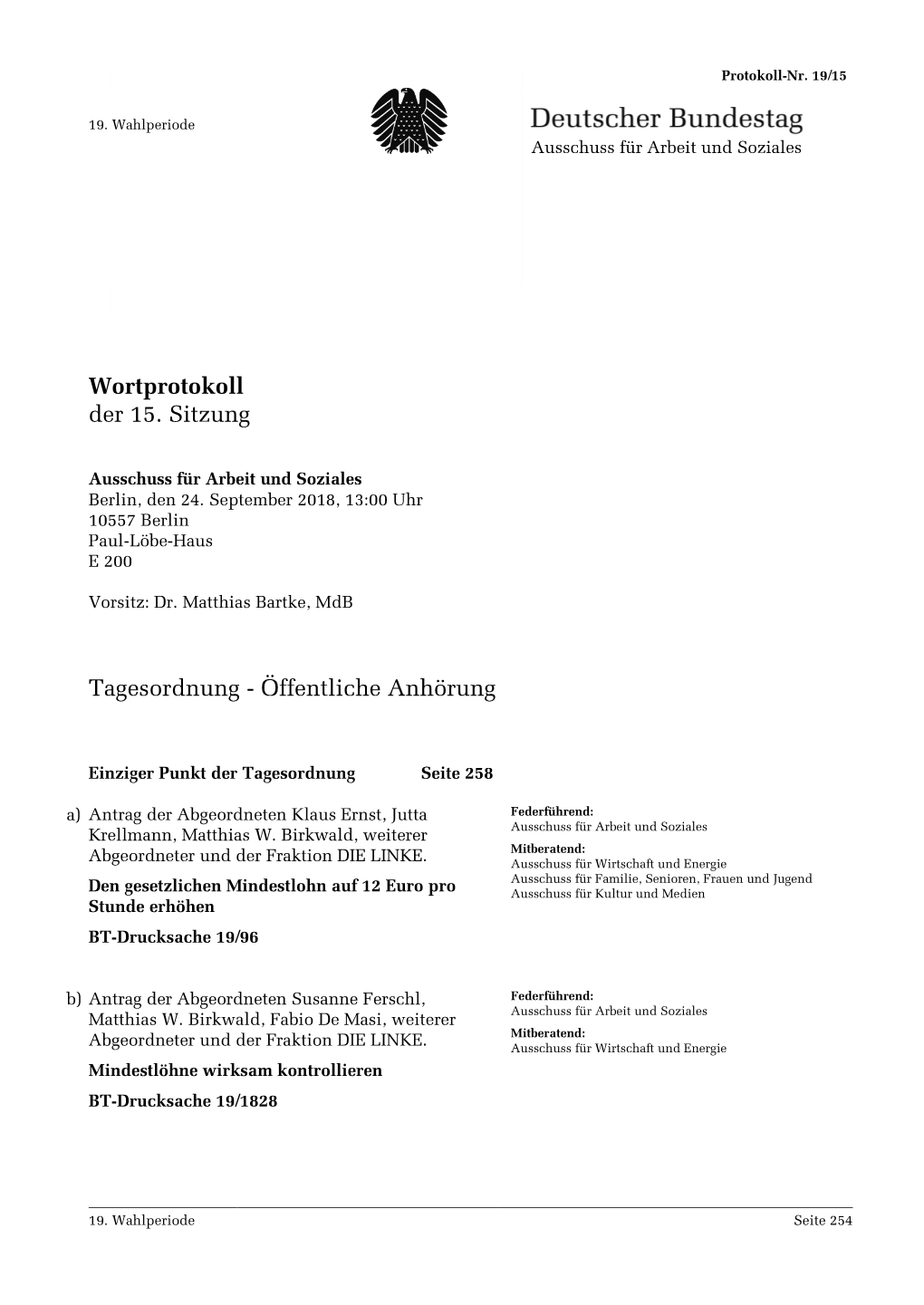 Wortprotokoll Der 15. Sitzung