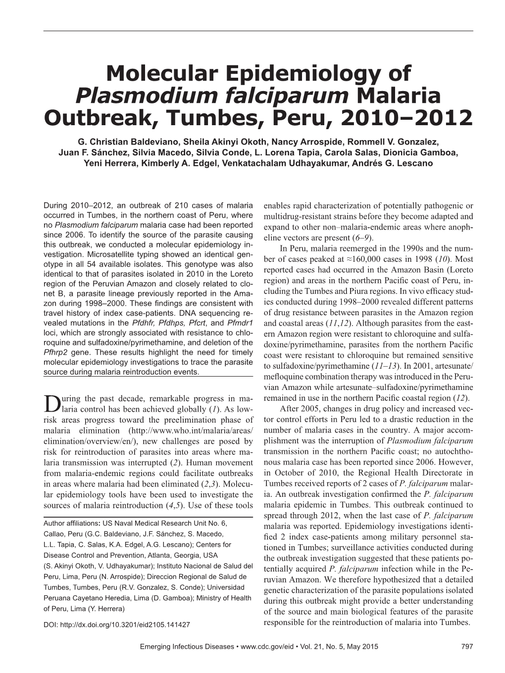 Molecular Epidemiology of Plasmodium Falciparum Malaria Outbreak, Tumbes, Peru, 2010–2012 G