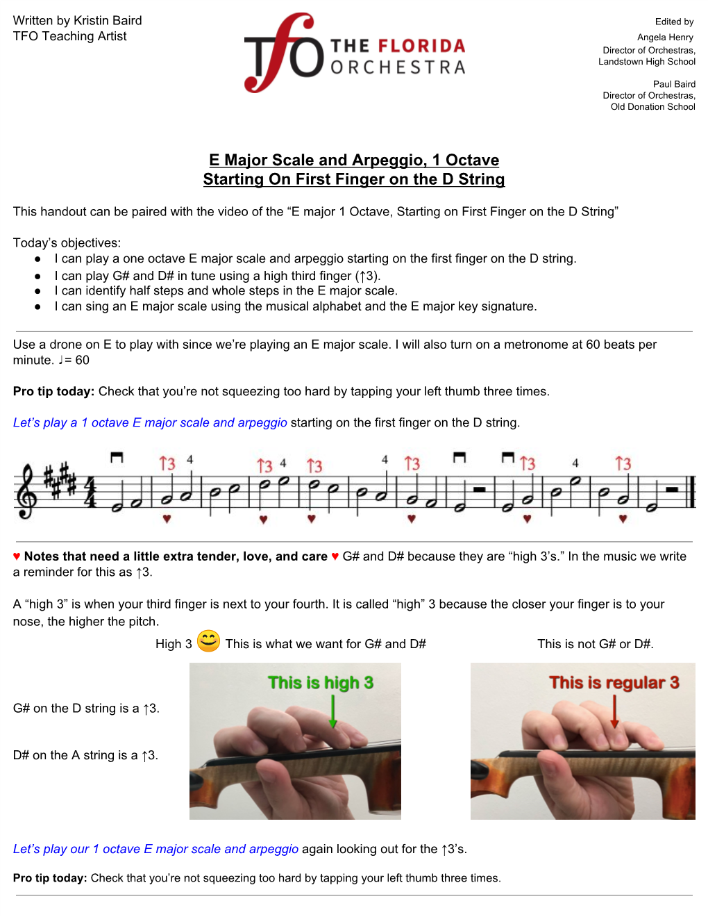 E Major Scale and Arpeggio, 1 Octave Starting on First Finger on the D String