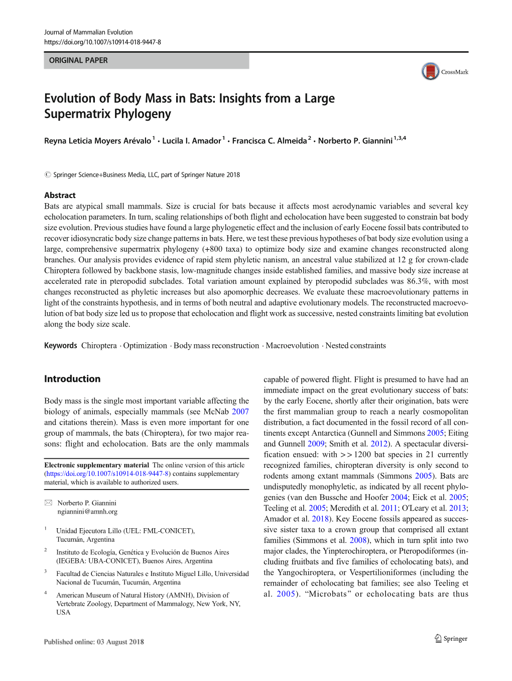 Evolution of Body Mass in Bats: Insights from a Large Supermatrix Phylogeny