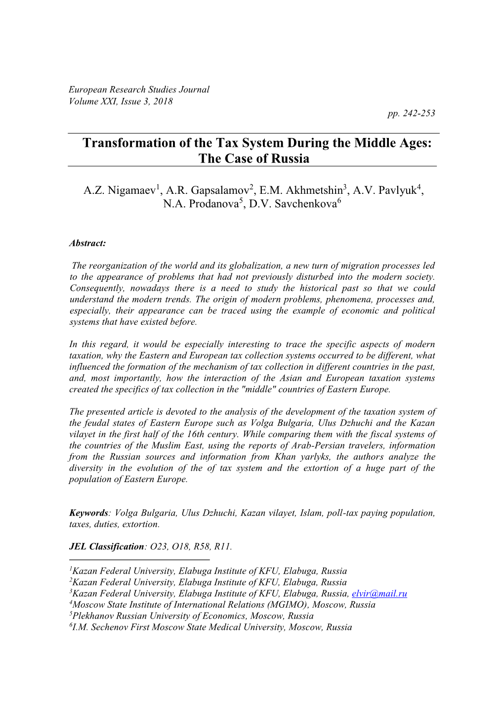 Transformation of the Tax System During the Middle Ages: the Case of Russia