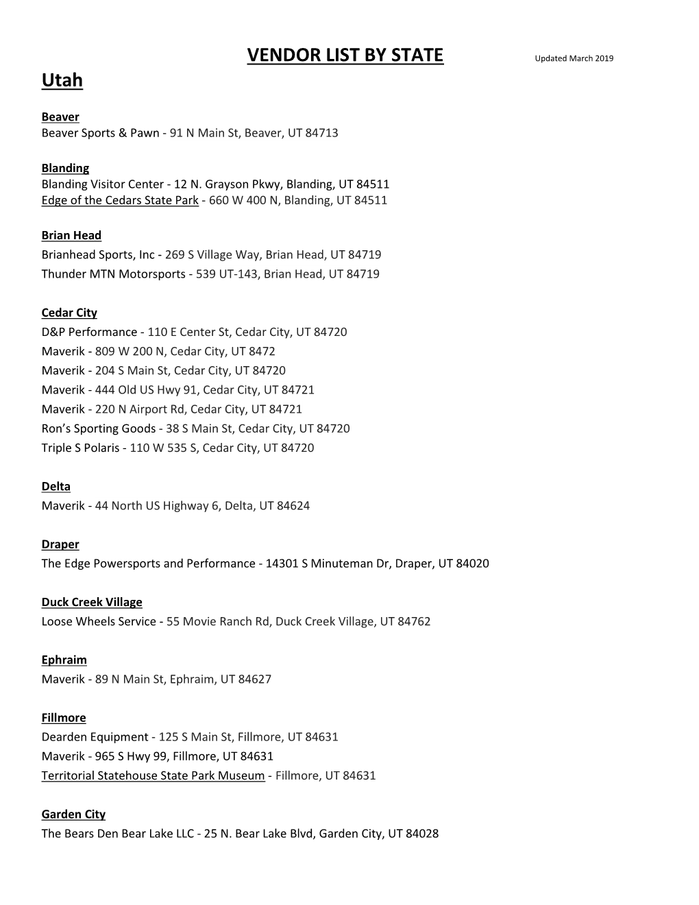 VENDOR LIST by STATE Utah