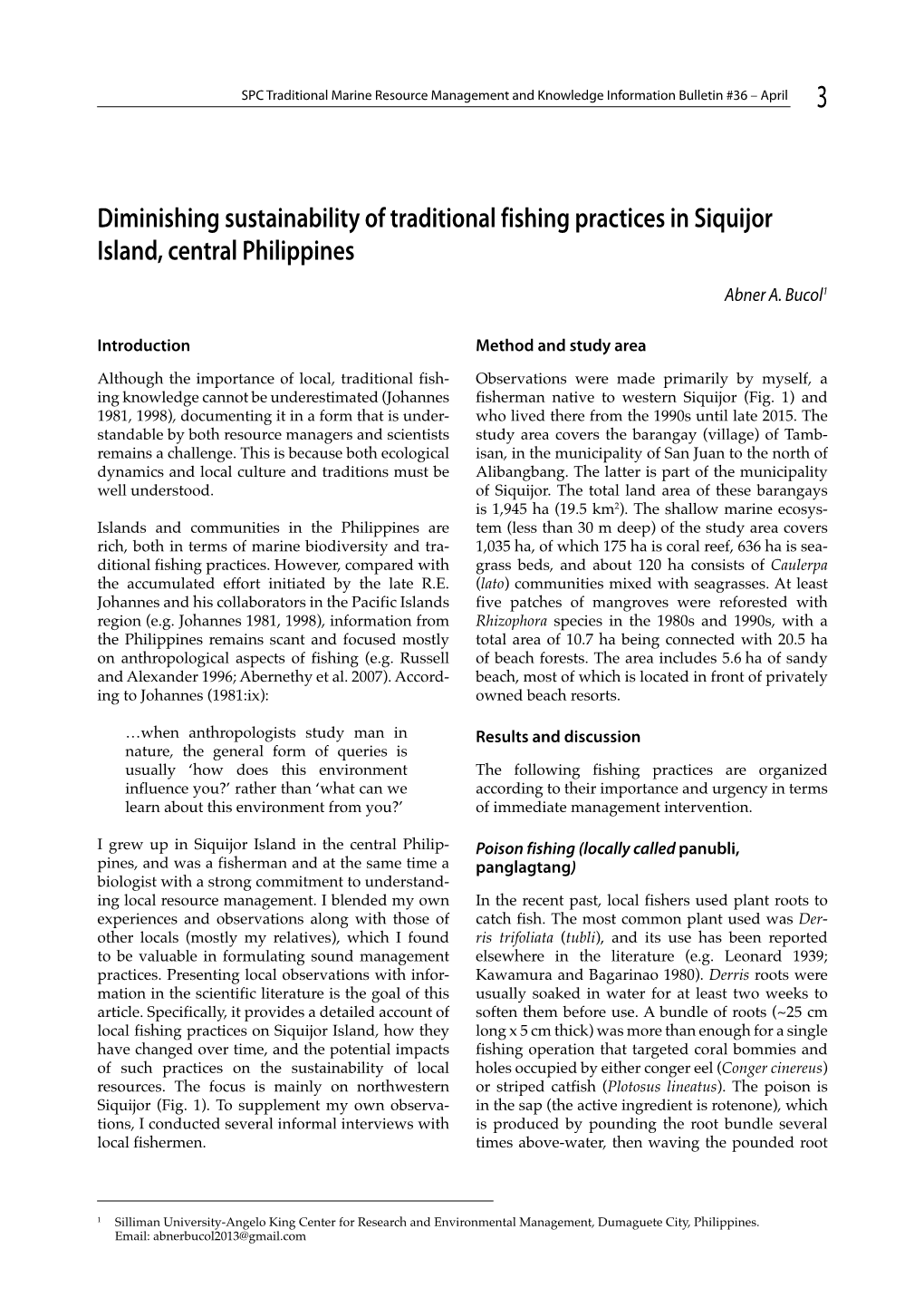 Diminishing Sustainability of Traditional Fishing Practices in Siquijor Island, Central Philippines