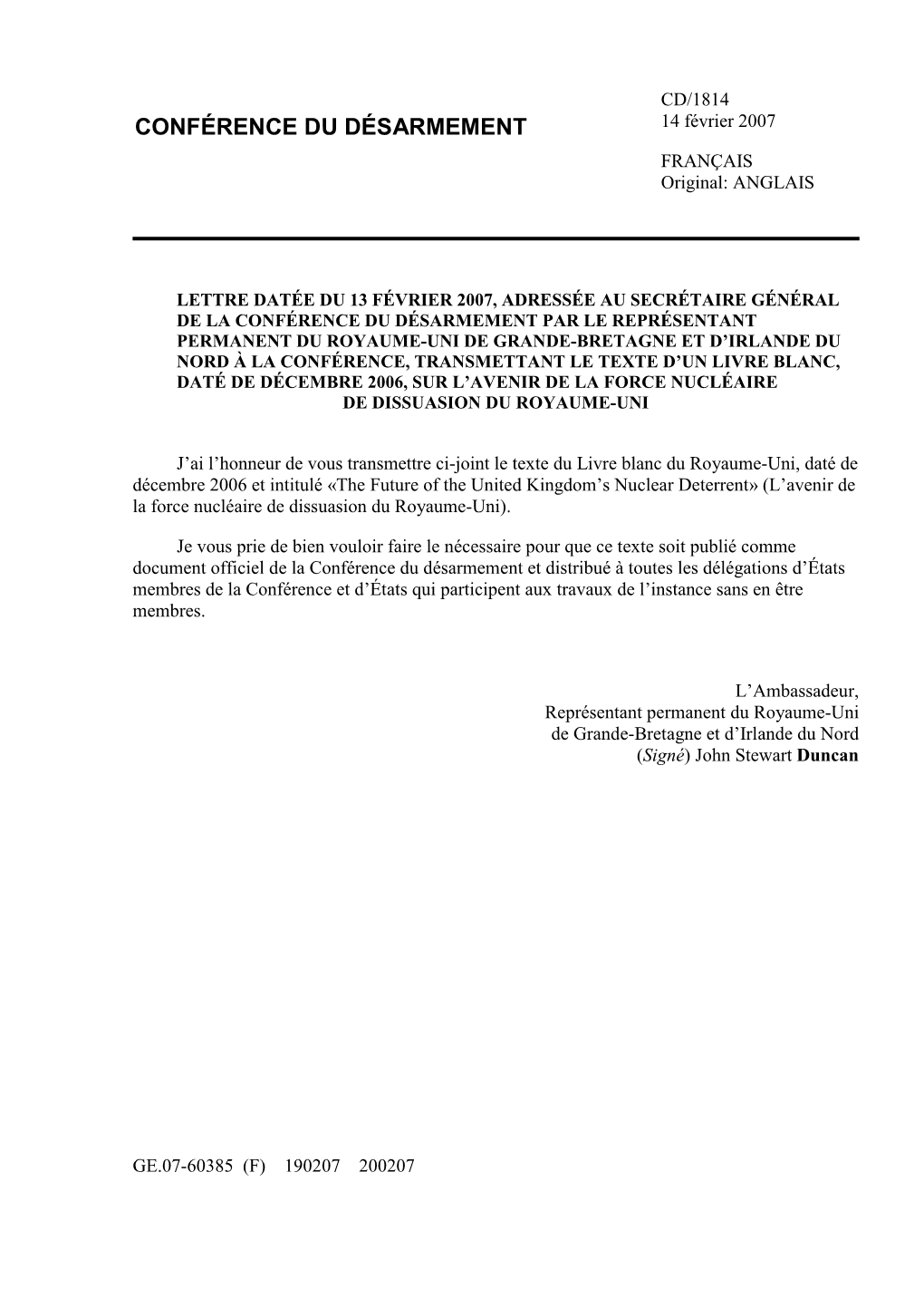 CONFÉRENCE DU DÉSARMEMENT 14 Février 2007 FRANÇAIS Original: ANGLAIS