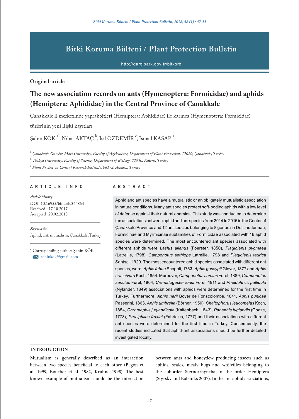 Bitki Koruma Bülteni / Plant Protection Bulletin, 2018, 58 (1) : 47-53