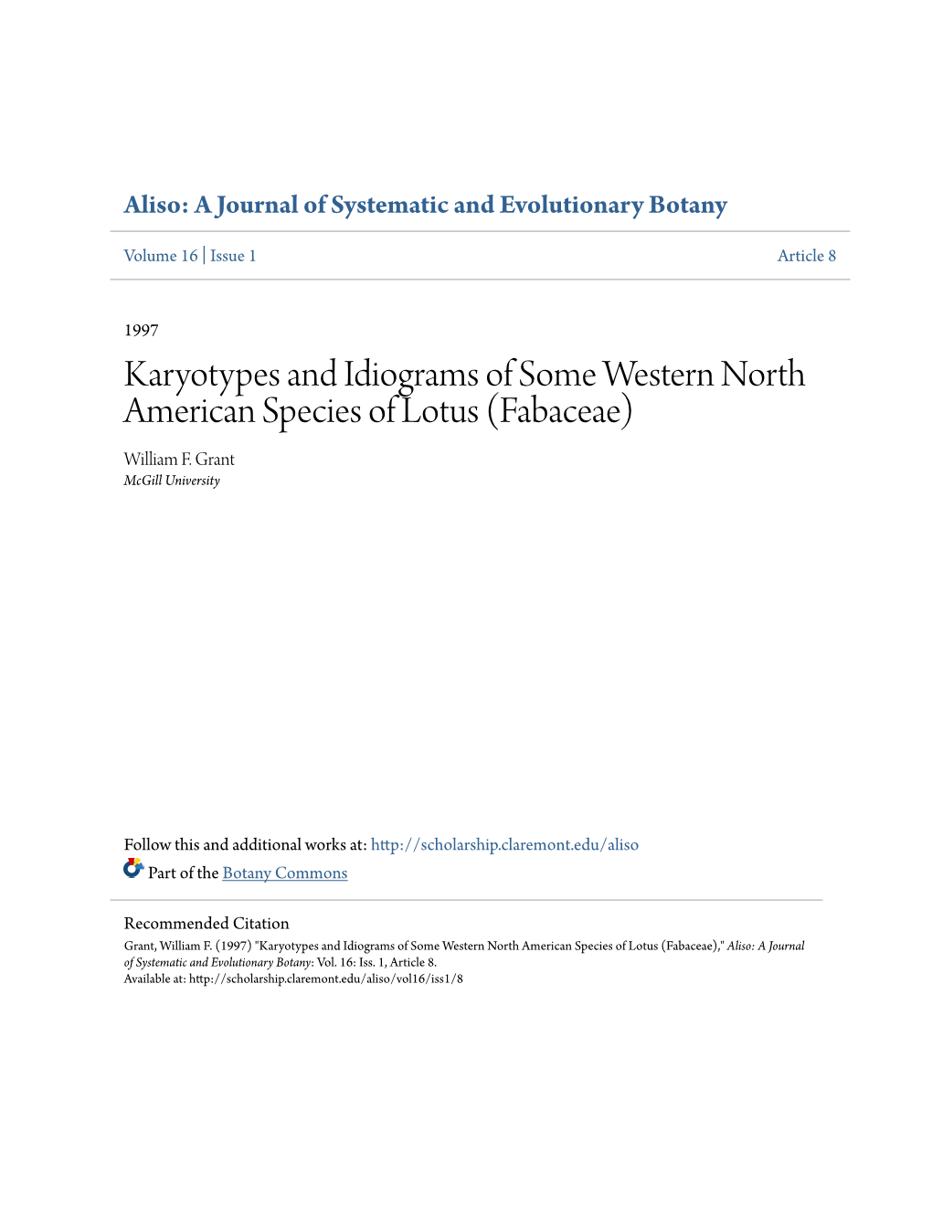 Karyotypes and Idiograms of Some Western North American Species of Lotus (Fabaceae) William F