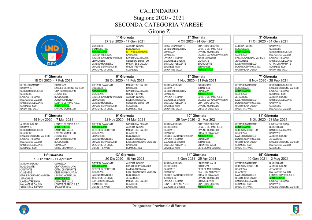 CALENDARIO Stagione 2020