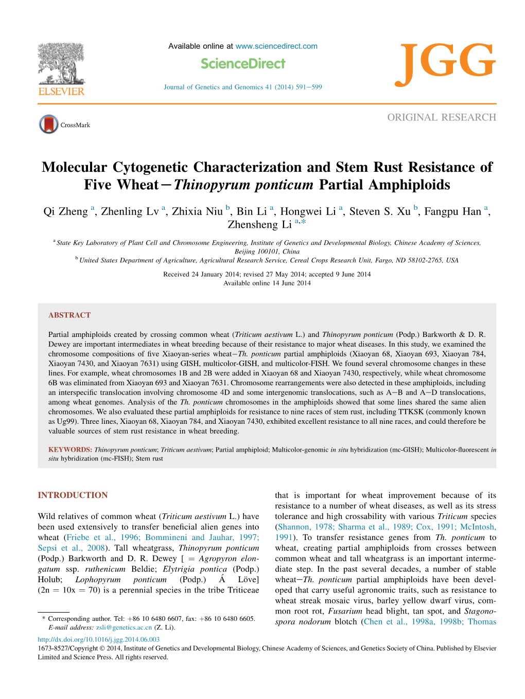 Molecular Cytogenetic Characterization and Stem Rust Resistance of Five Wheatlthinopyrum Ponticum Partial Amphiploids