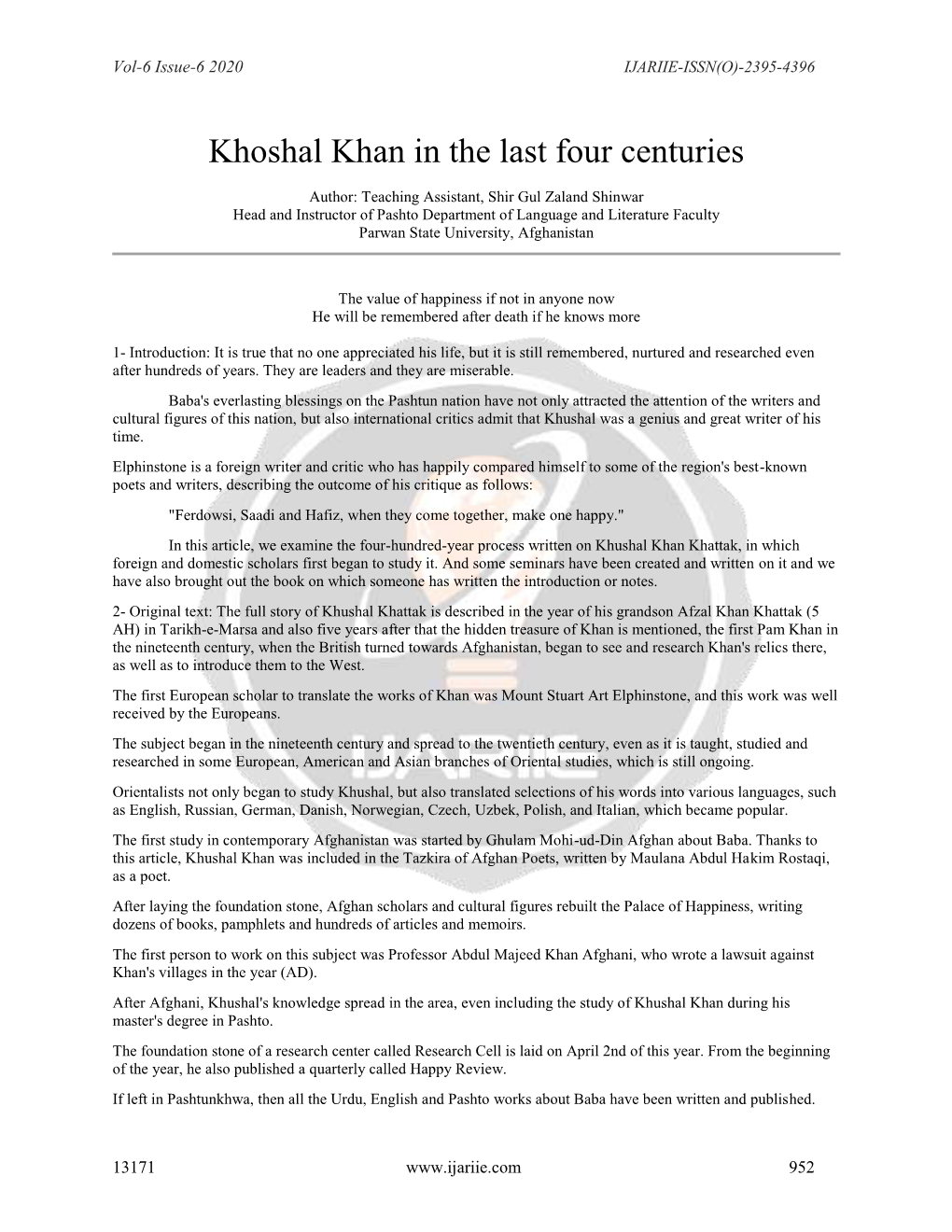 Khoshal Khan in the Last Four Centuries