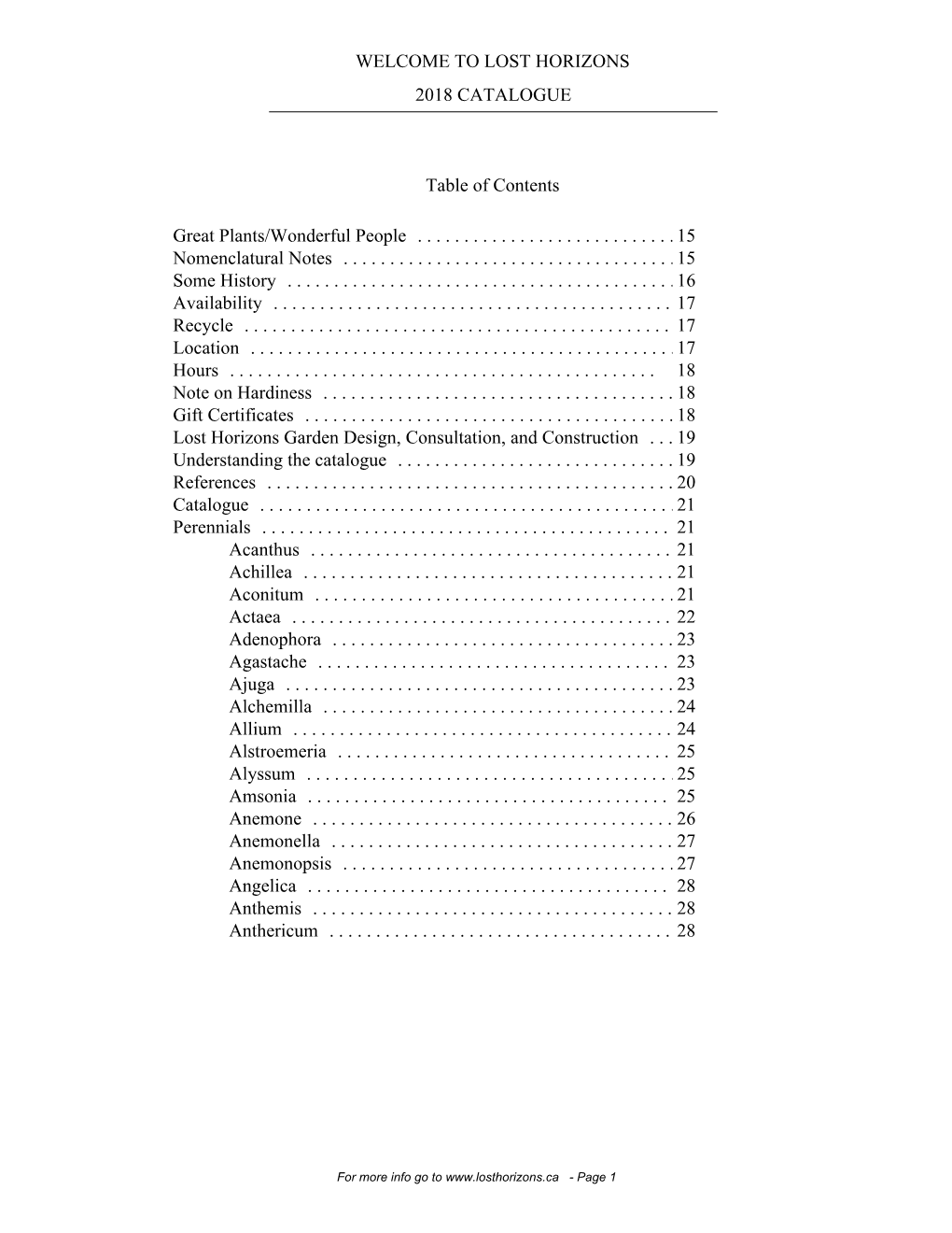 LOST HORIZONS 2018 CATALOGUE Table Of