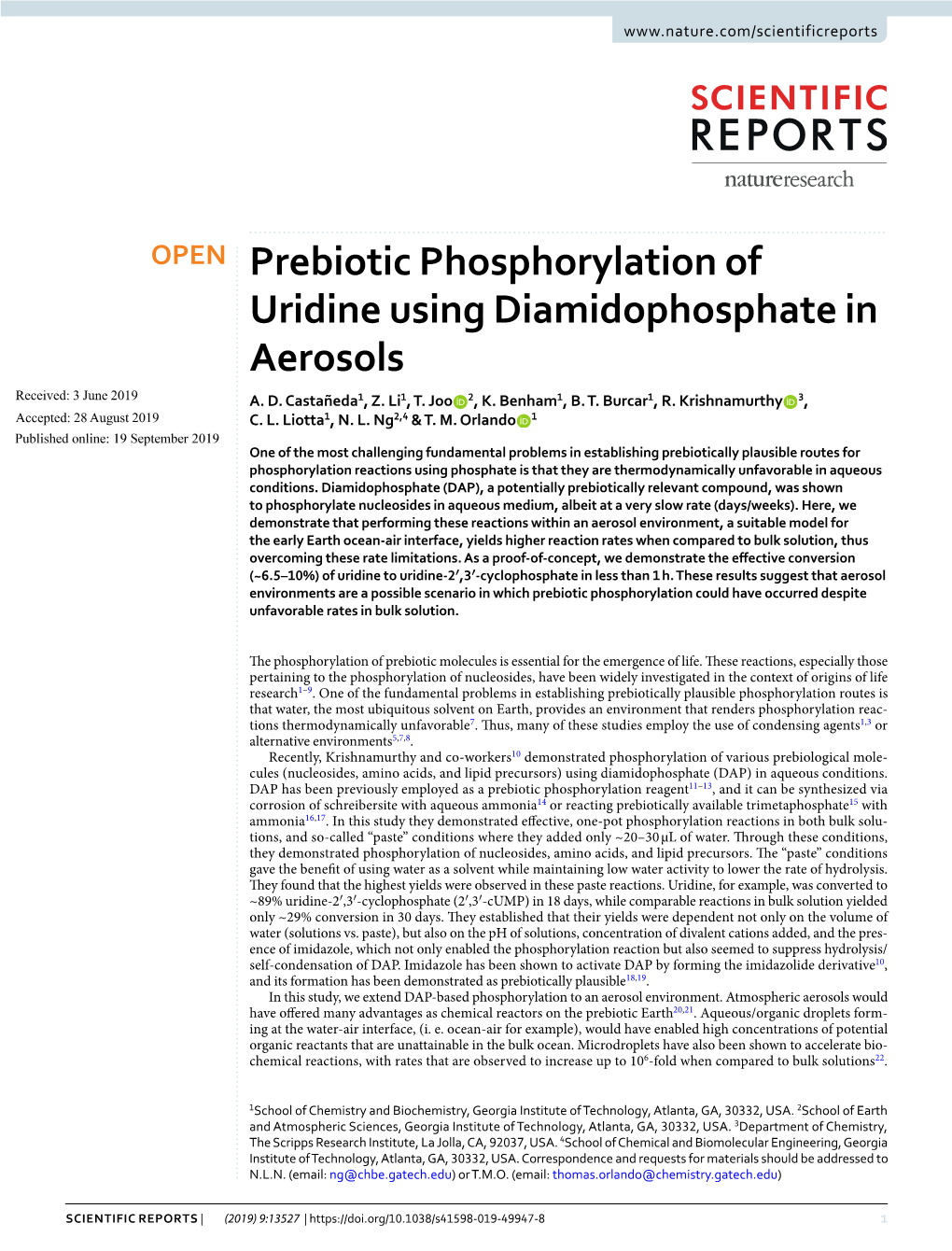 Prebiotic Phosphorylation of Uridine Using Diamidophosphate in Aerosols Received: 3 June 2019 A