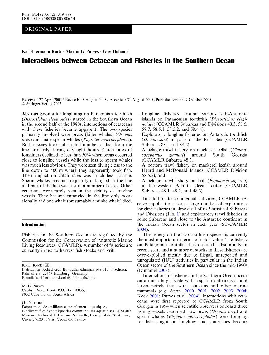 Interactions Between Cetacean and Fisheries in the Southern Ocean