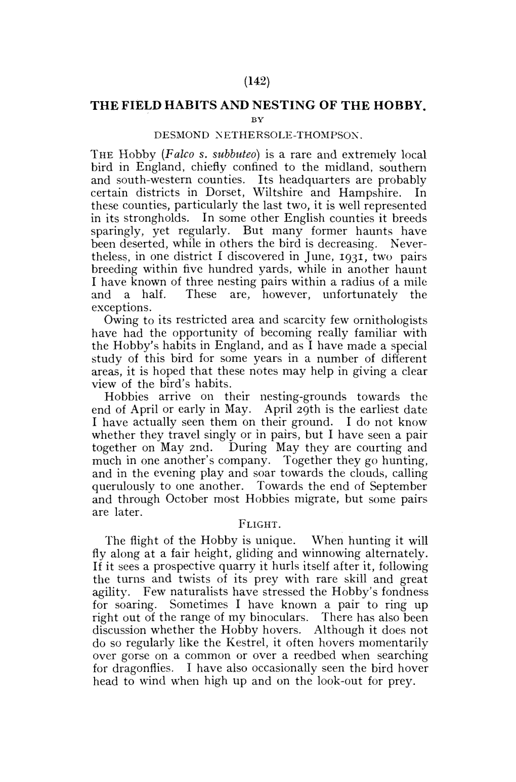 The Field Habits and Nesting of the Hobby. by Desmond Nethersole-Thompson