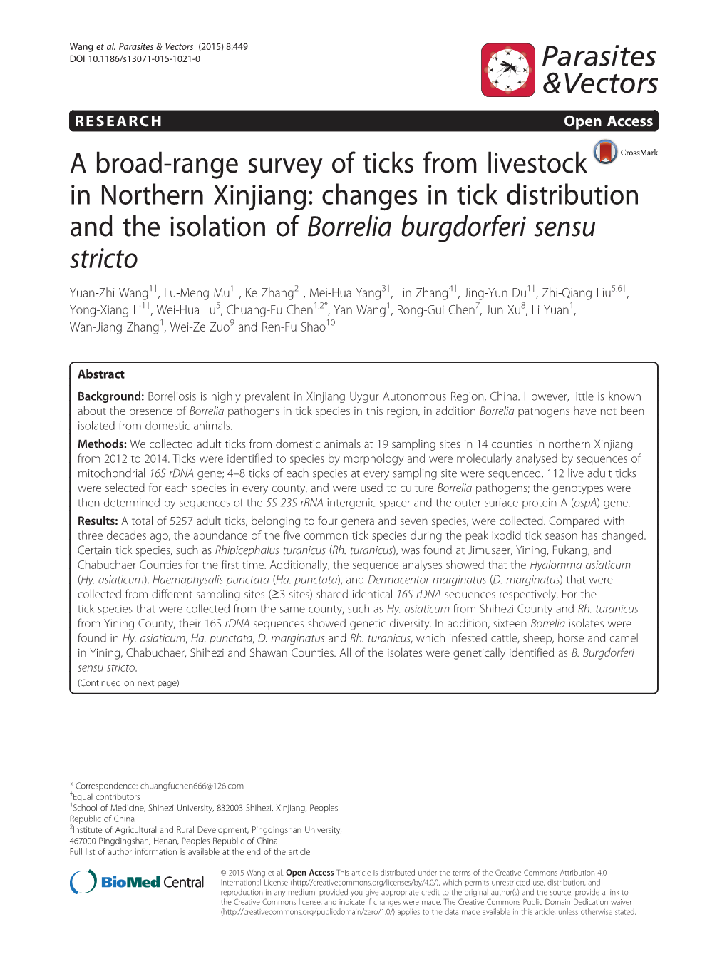 A Broad-Range Survey of Ticks from Livestock in Northern Xinjiang