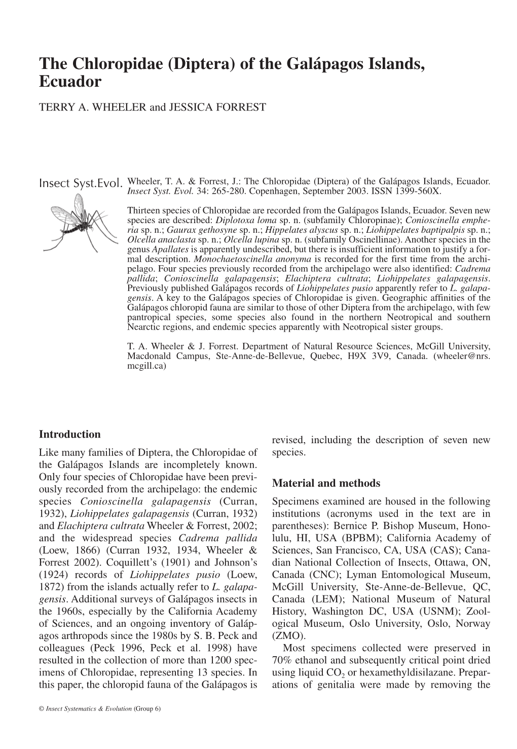 The Chloropidae (Diptera) of the Galápagos Islands, Ecuador