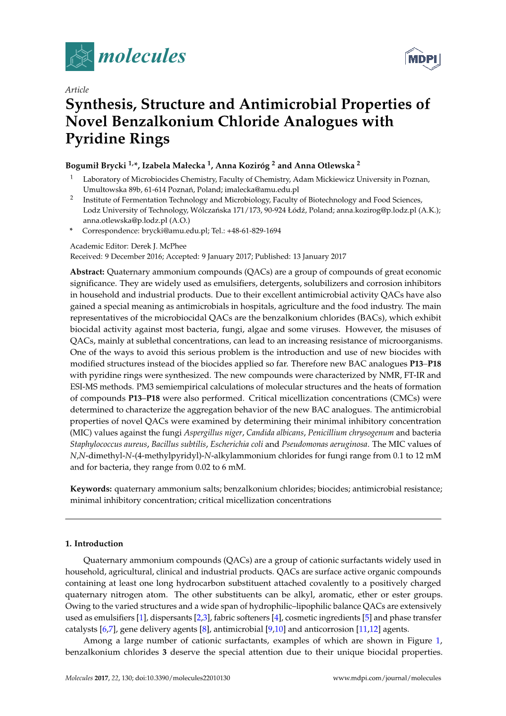 Synthesis, Structure and Antimicrobial Properties of Novel Benzalkonium Chloride Analogues with Pyridine Rings