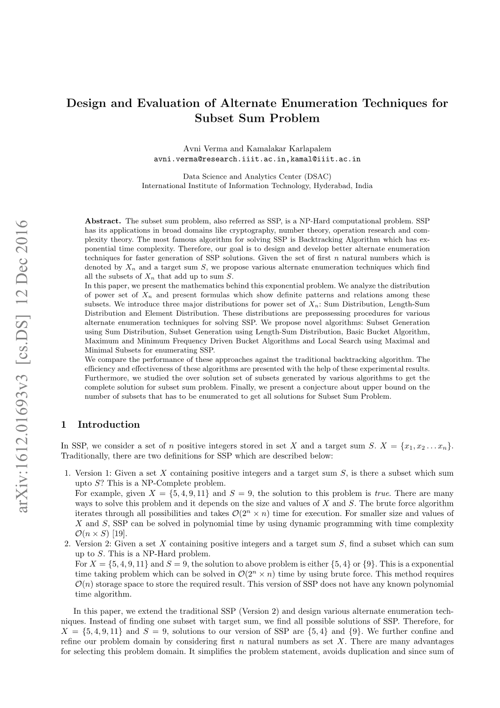 Arxiv:1612.01693V3 [Cs.DS] 12 Dec 2016 Iterates Through All Possibilities and Takes O(2N × N) Time for Execution