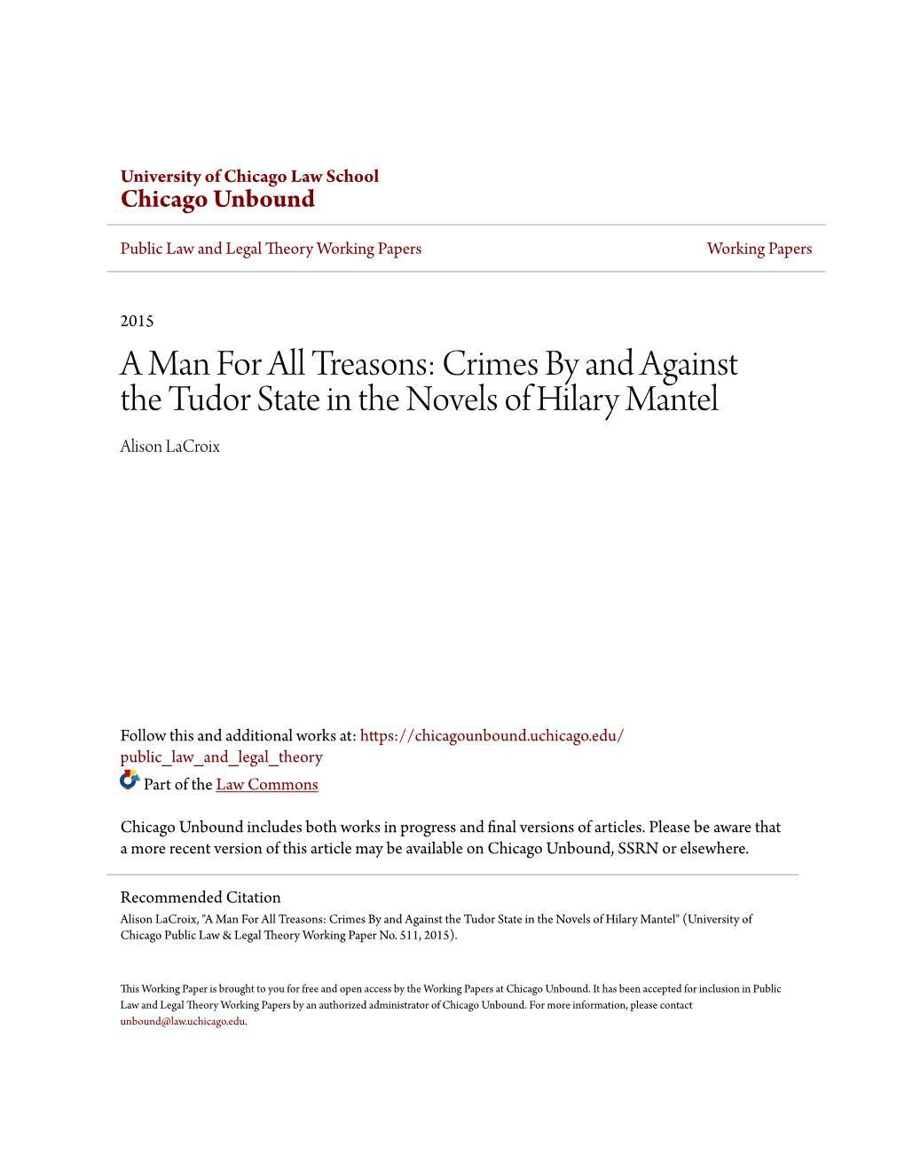 A Man for All Treasons: Crimes by and Against the Tudor State in the Novels of Hilary Mantel Alison Lacroix