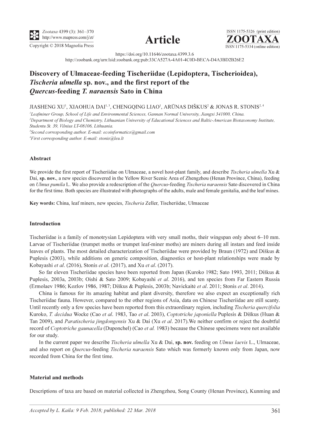 Tischeria Ulmella Sp. Nov., and the First Report of the Quercus-Feeding T