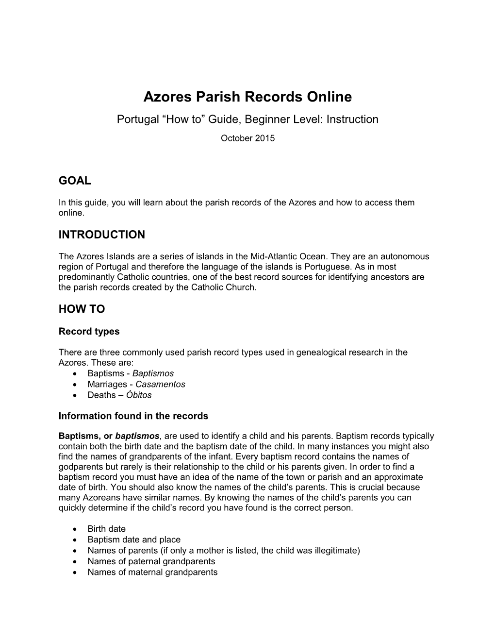 Azores Parish Records Online