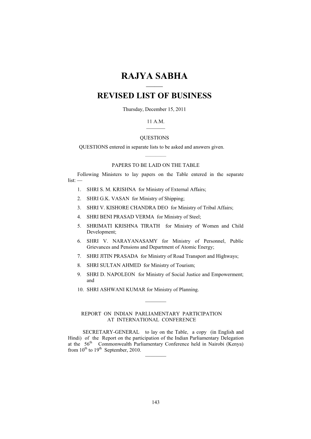 Rajya Sabha —— Revised List of Business