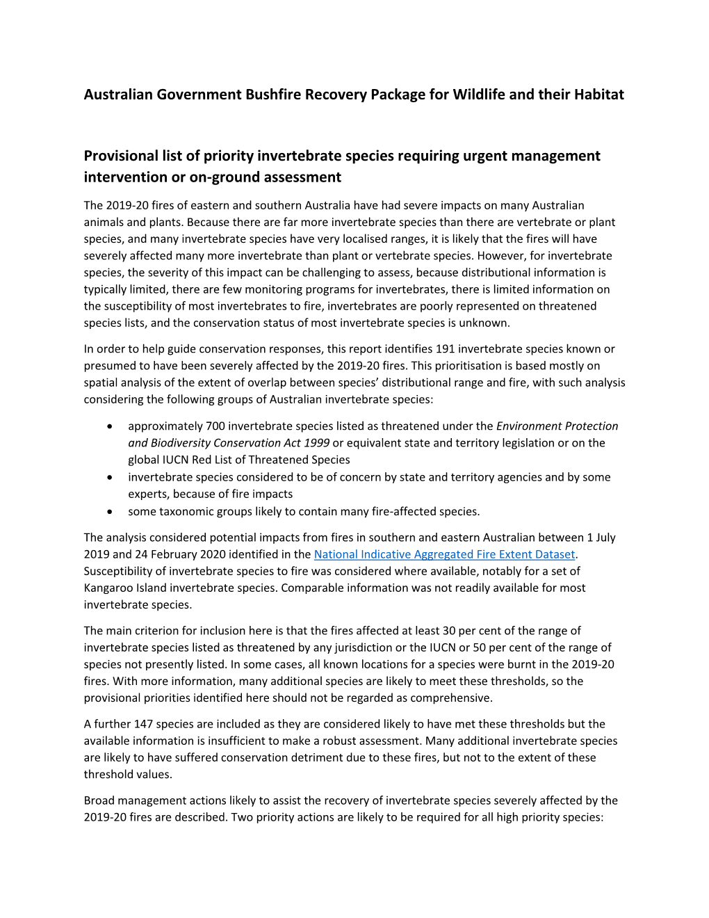 Provisional List of Invertebrates Requiring Urgent Management