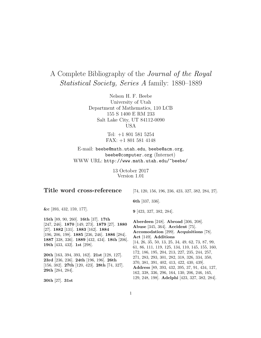 A Complete Bibliography of the Journal of the Royal Statistical Society, Series a Family: 1880–1889