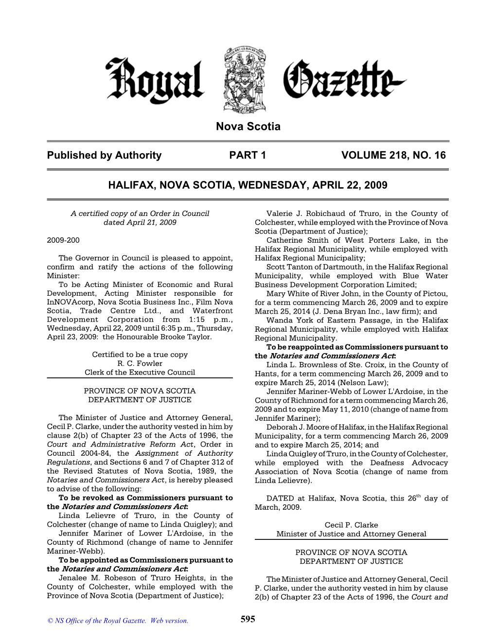 NS Royal Gazette Part I