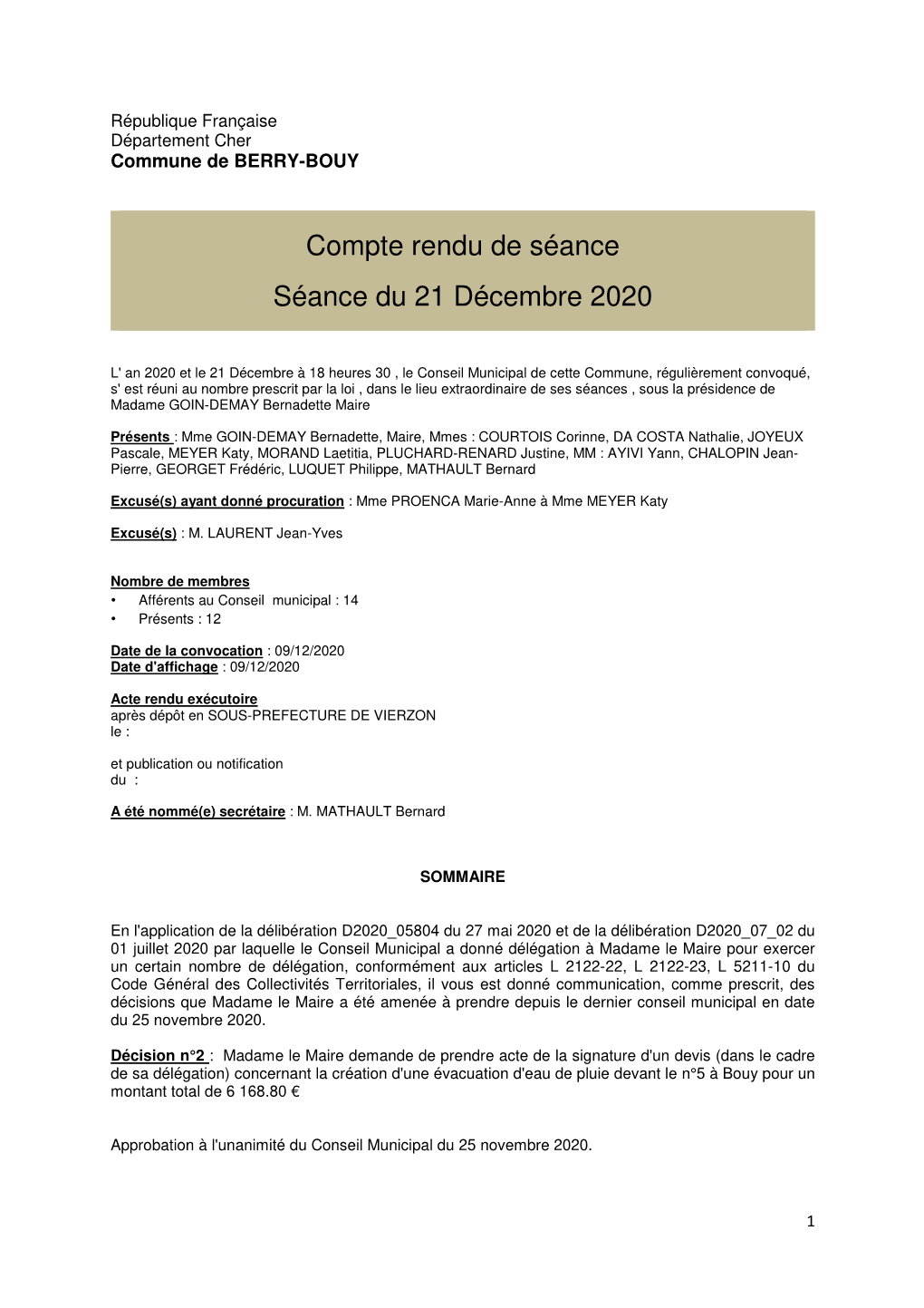 Compte Rendu De Séance Séance Du 21 Décembre 2020