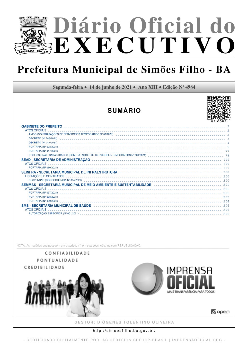 Diário Oficial Do EXECUTIVO Prefeitura Municipal De Simões Filho - BA