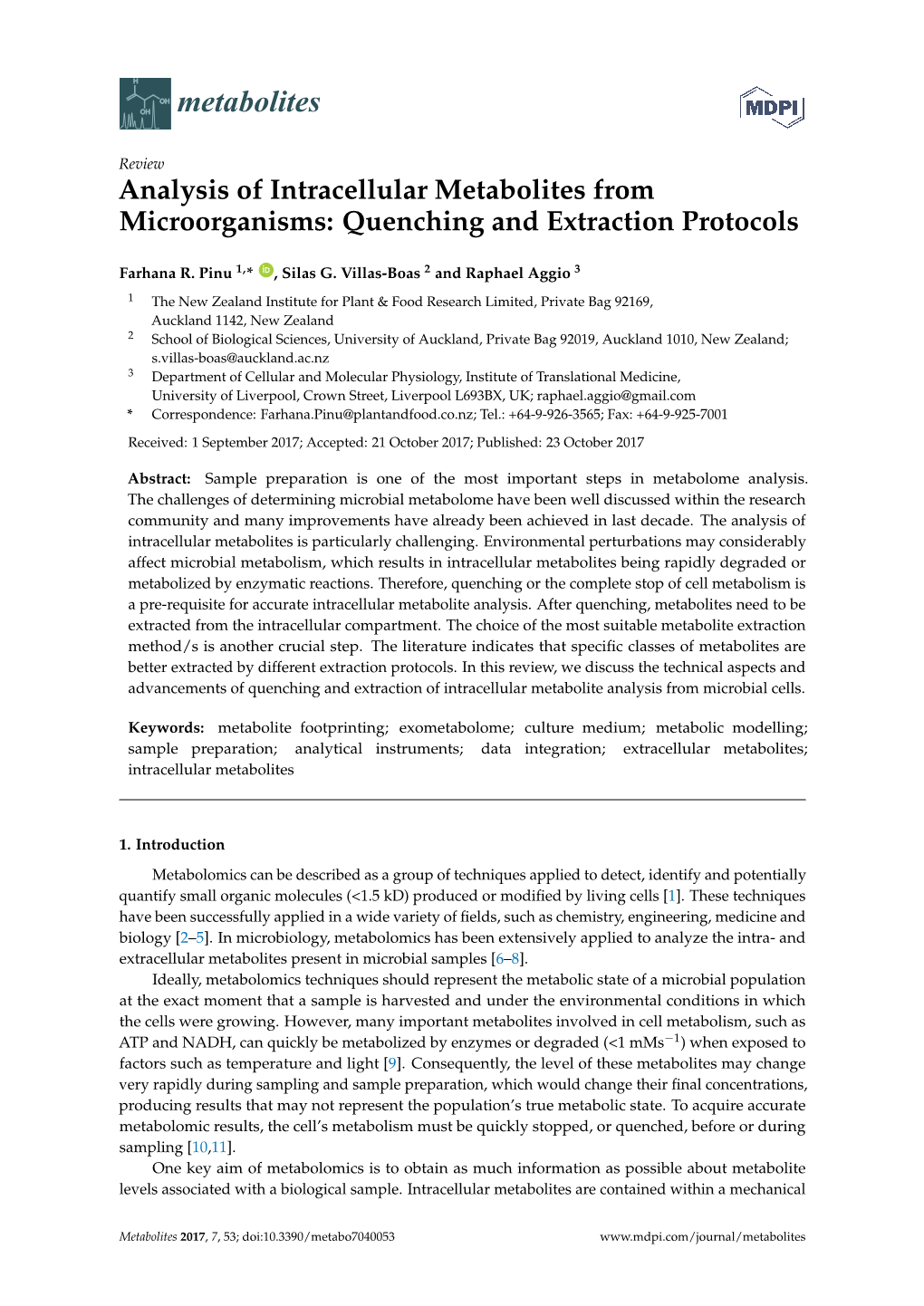 Analysis of Intracellular Metabolites from Microorganisms: Quenching and Extraction Protocols