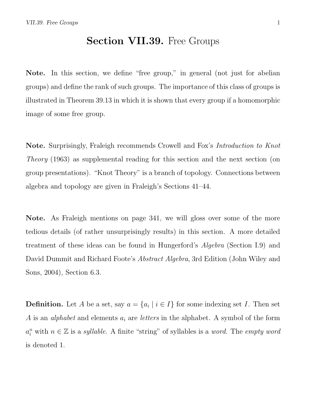 Section VII.39. Free Groups