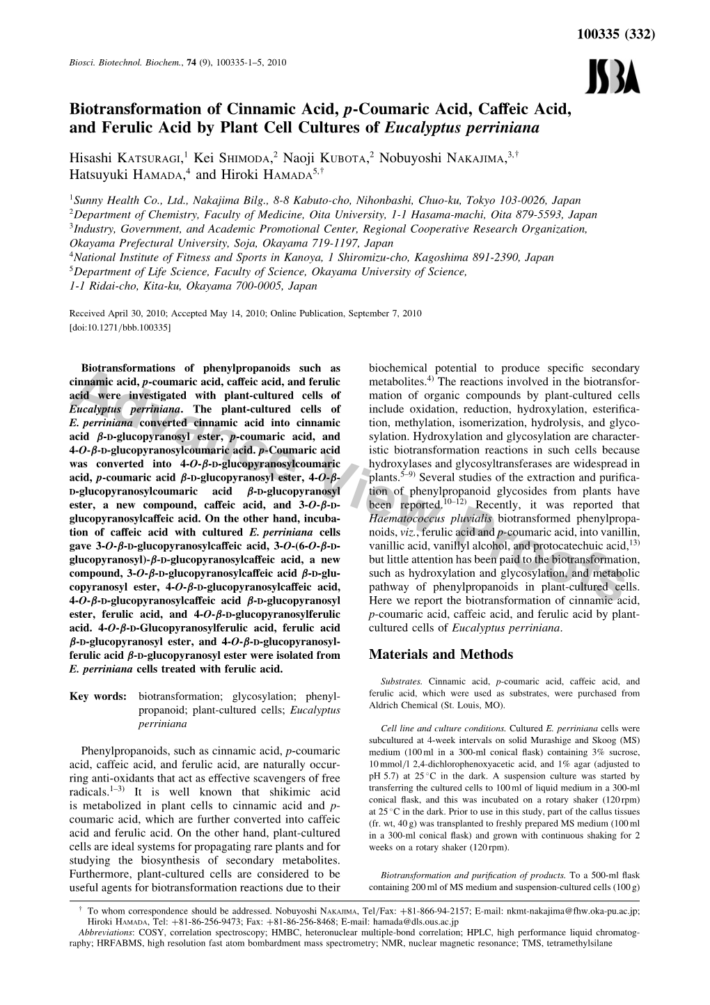 Biotransformation of Cinnamic Acid, P-Coumaric Acid, Caffeic