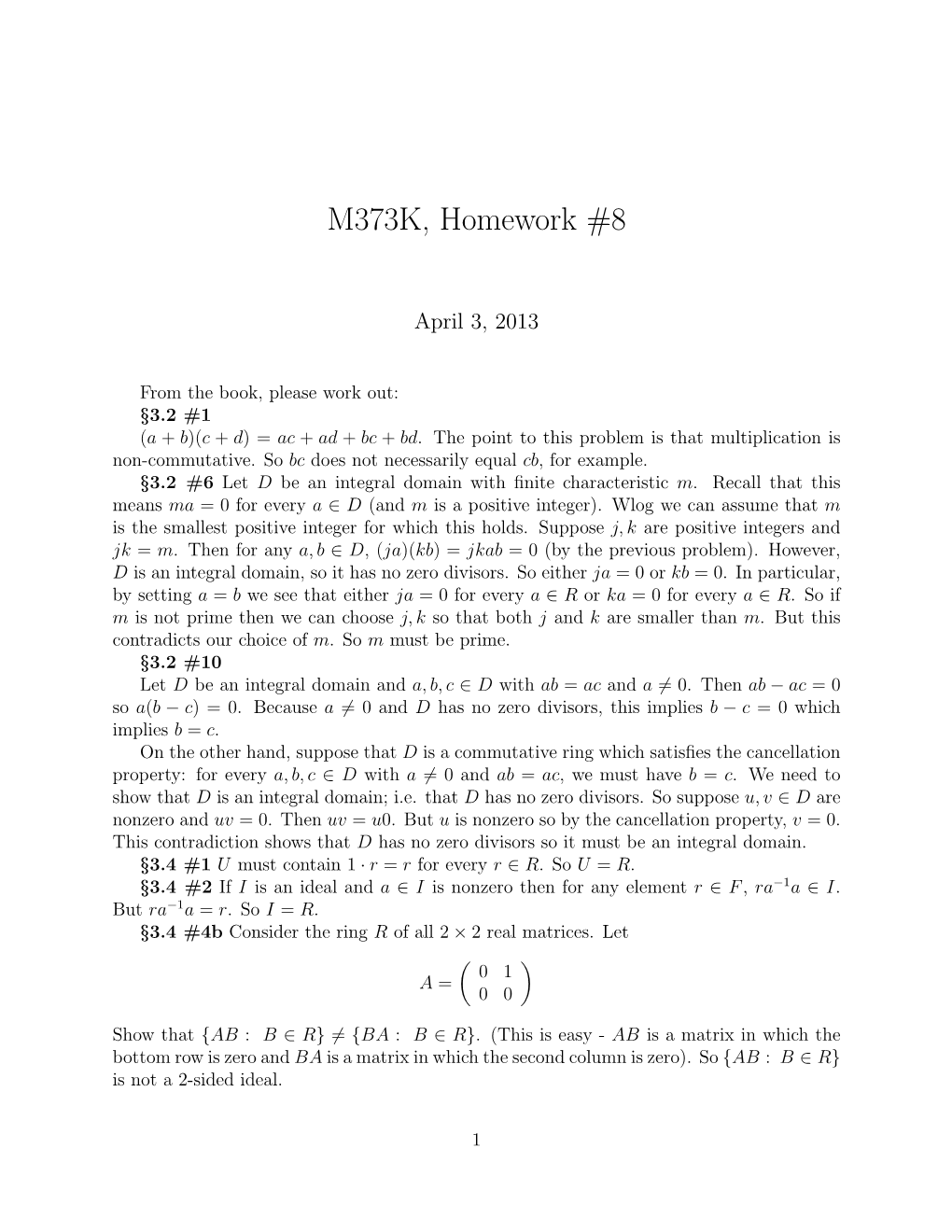 M373K, Homework #8