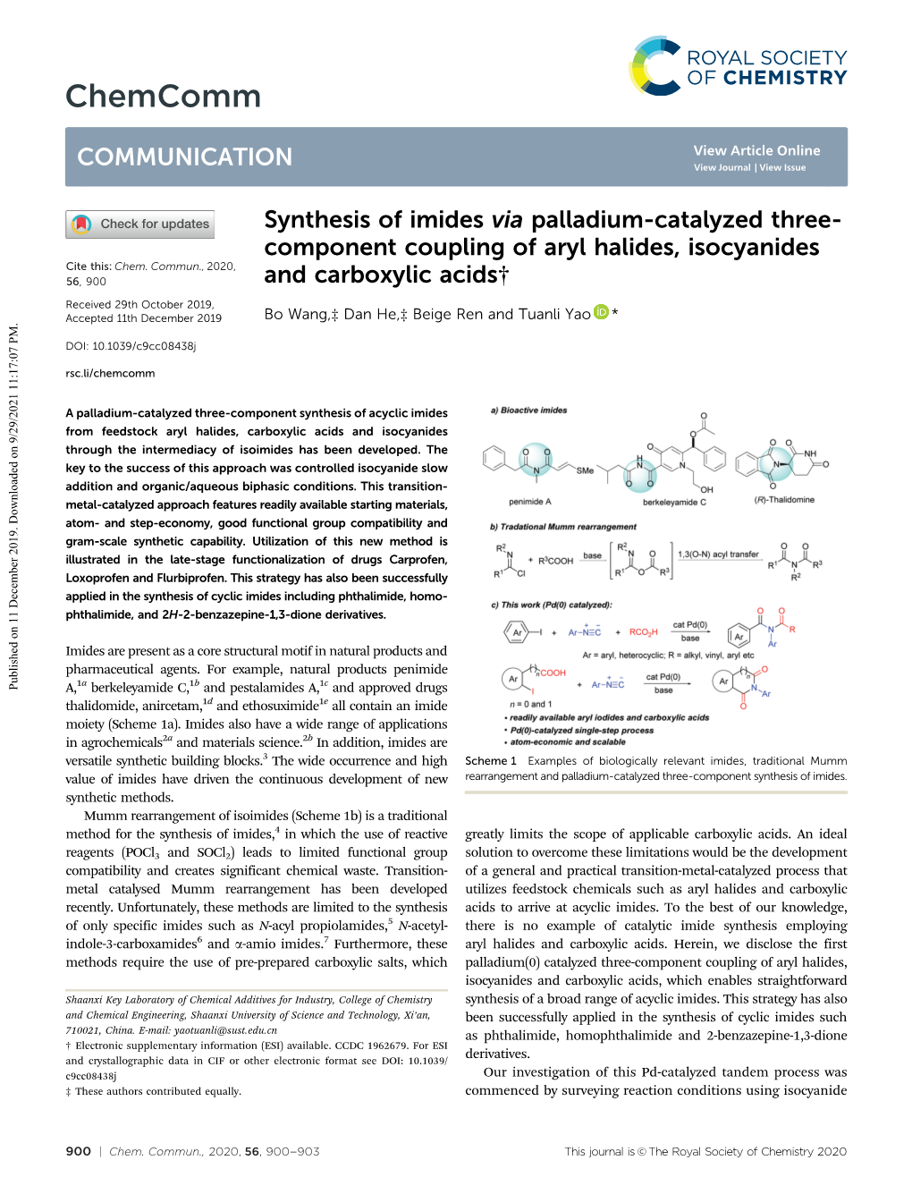 Synthesis of Imides Via Palladium-Catalyzed Three- Component Coupling of Aryl Halides, Isocyanides Cite This: Chem