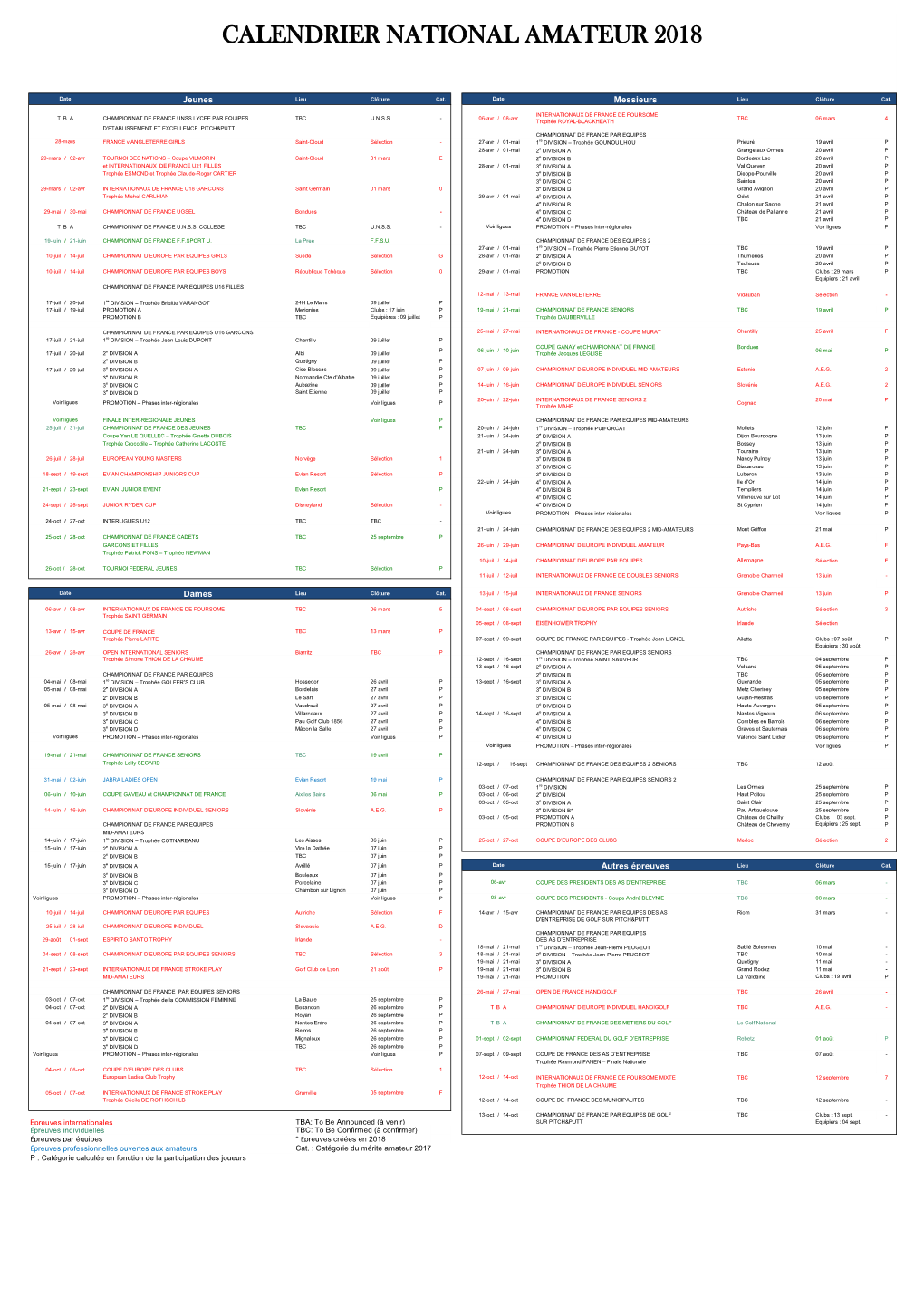 Calendrier National Amateur 2018