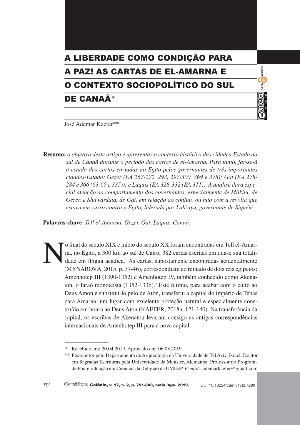 As Cartas De El-Amarna E O Contexto Sociopolítico Do Sul De Canaã*