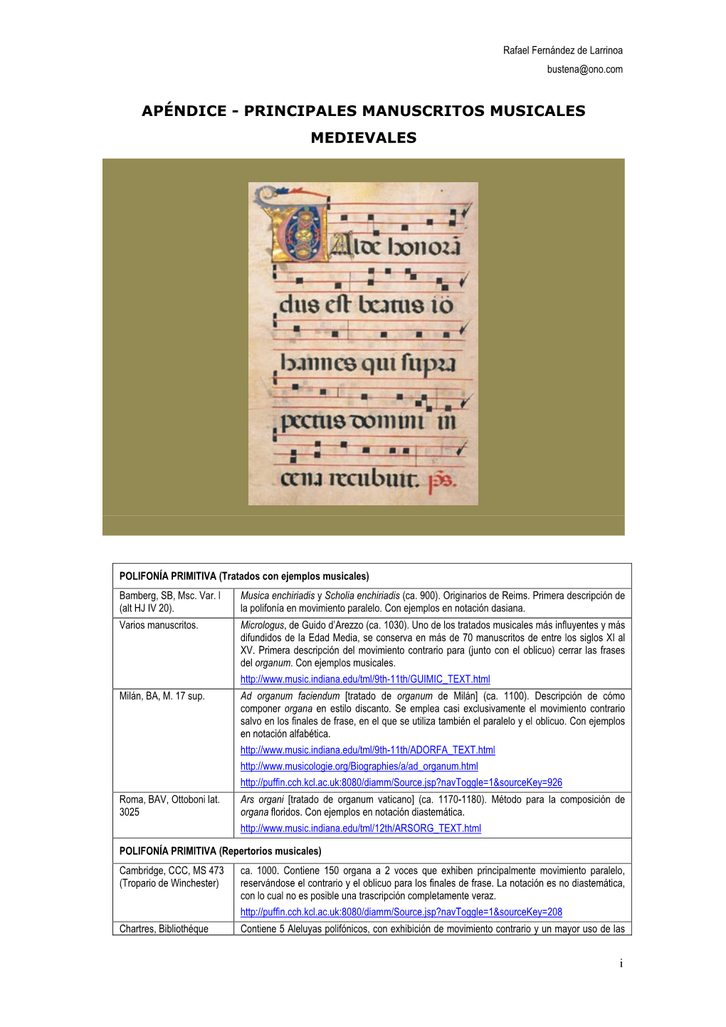 Apéndice - Principales Manuscritos Musicales Medievales