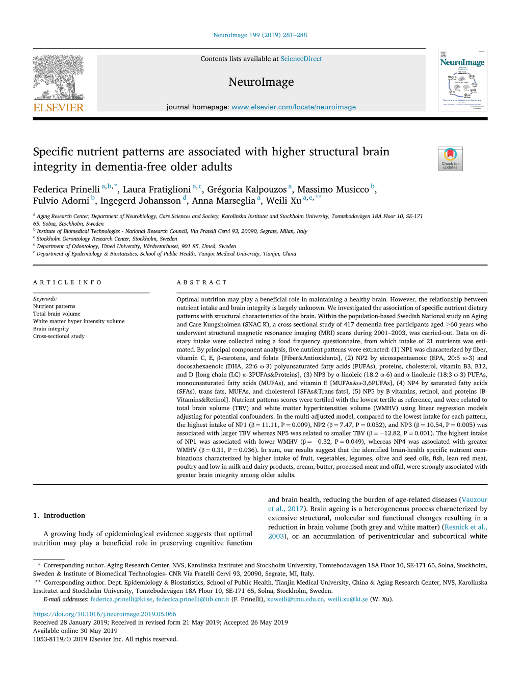 Specific Nutrient Patterns Are Associated with Higher Structural Brain Integrity in Dementia-Free Older Adults