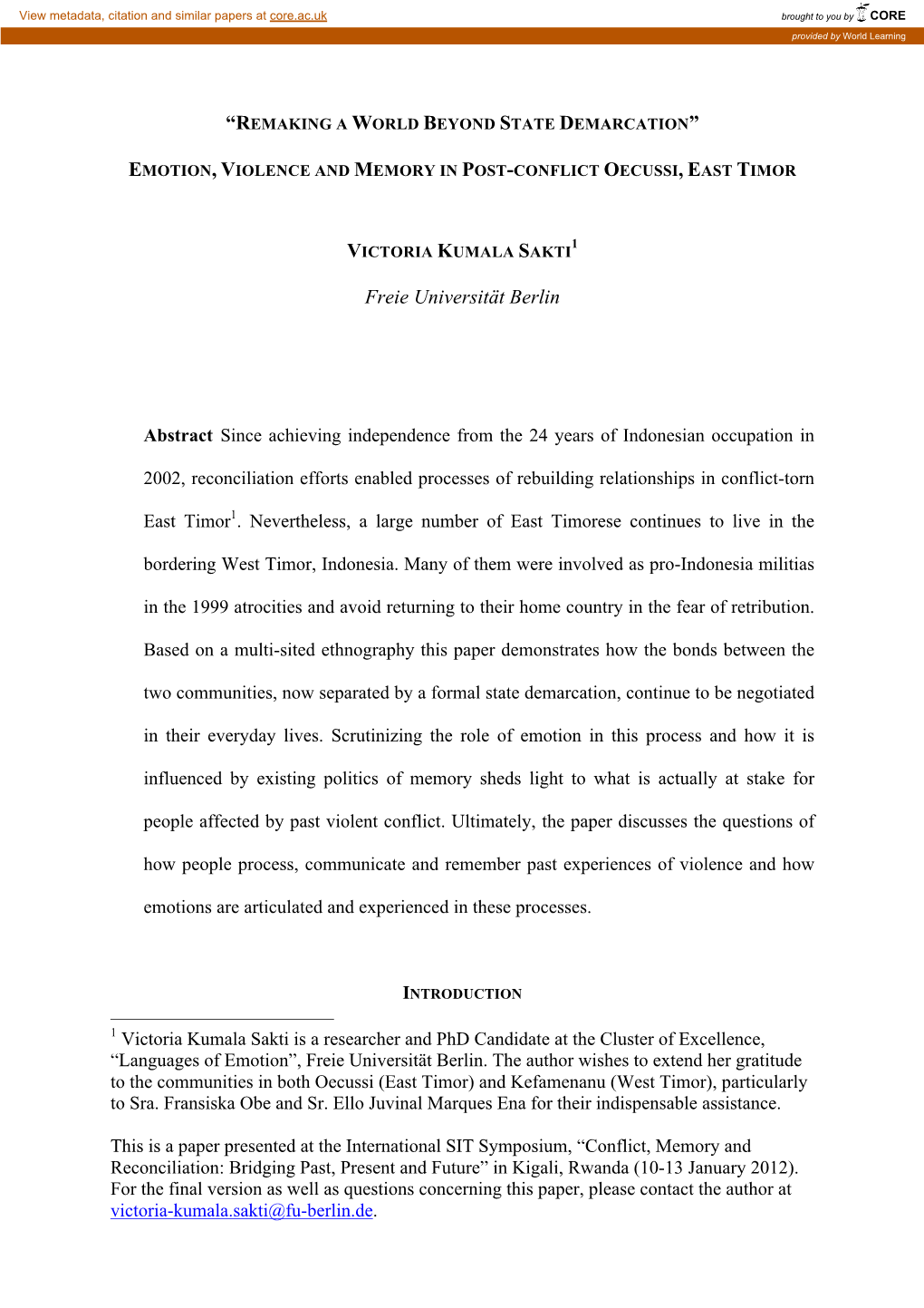 Emotion, Violence and Memory in Post-Conflict Oecussi, East Timor