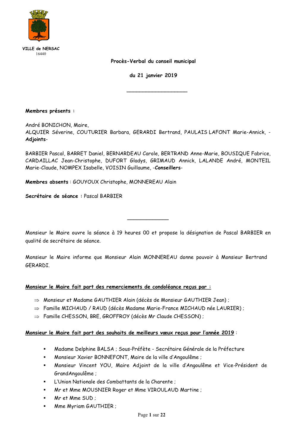 Page 1 Sur 22 Procès-Verbal Du Conseil Municipal