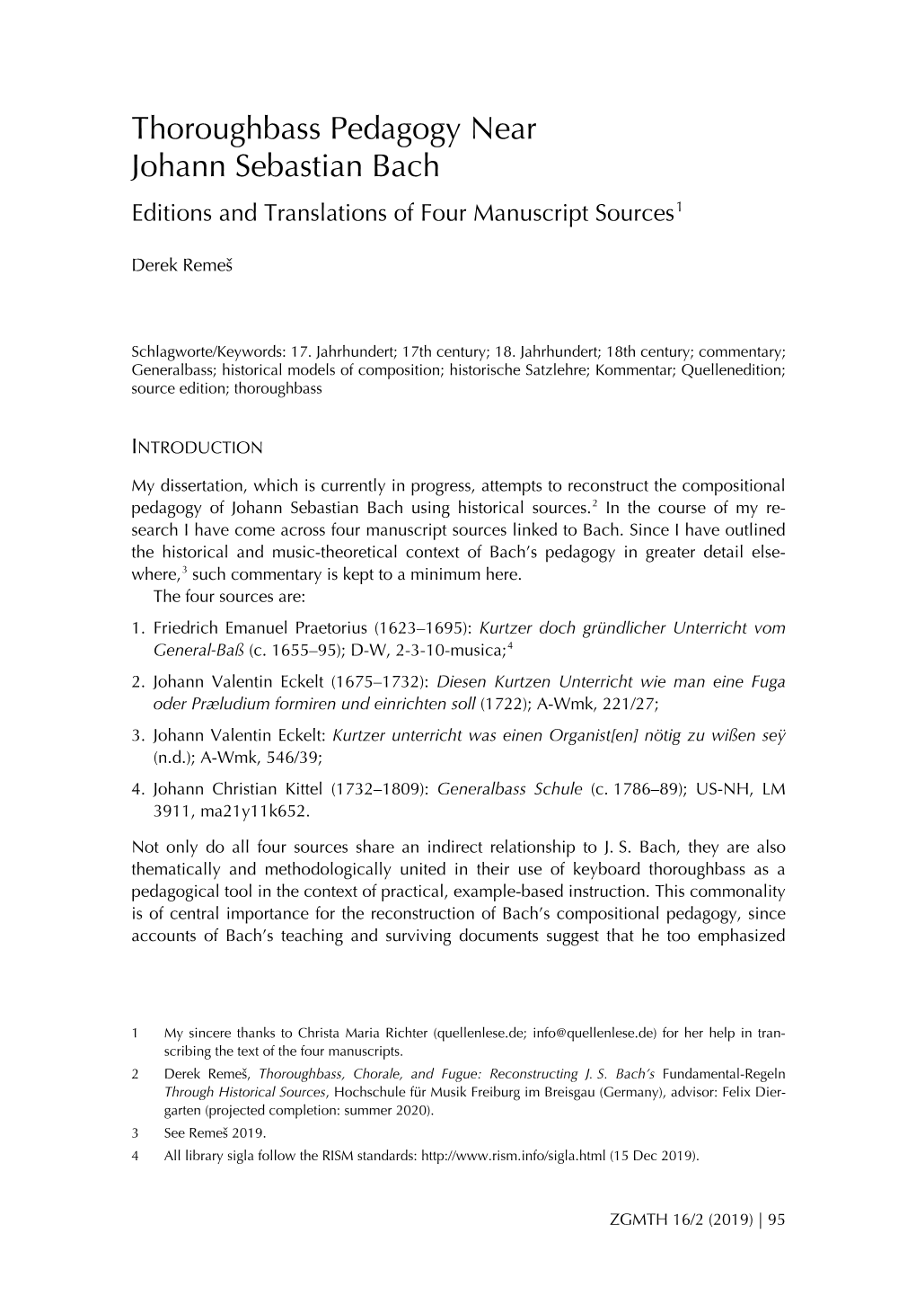 Thoroughbass Pedagogy Near Johann Sebastian Bach. Editions and Translations of Four Manuscript Sources