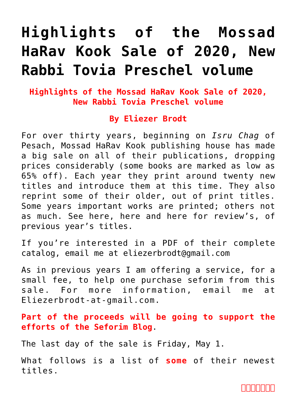 Highlights of the Mossad Harav Kook Sale of 2020, New Rabbi Tovia Preschel Volume